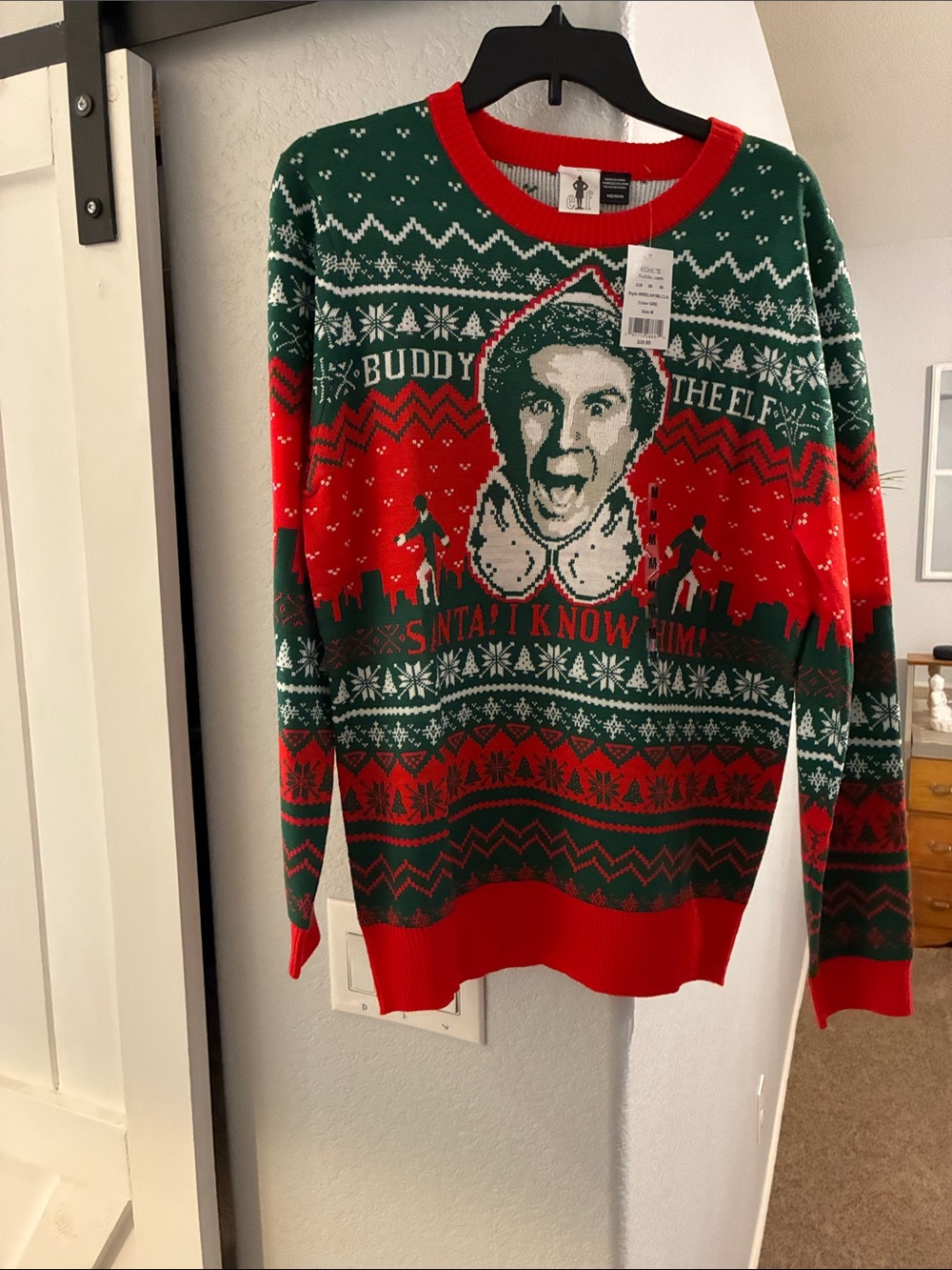 NWT !ELF Green and Red Buddy the Elf Knit Crewneck Sweater